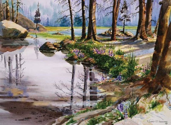 Летний пейзаж цветными карандашами