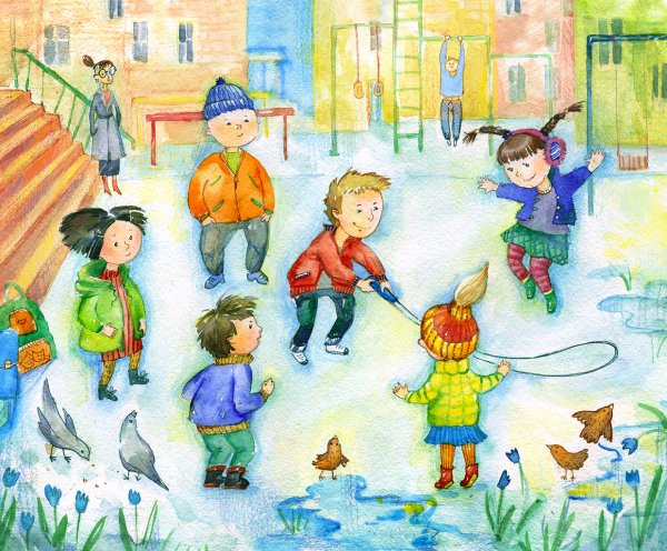 Дети гуляют в детском саду весной