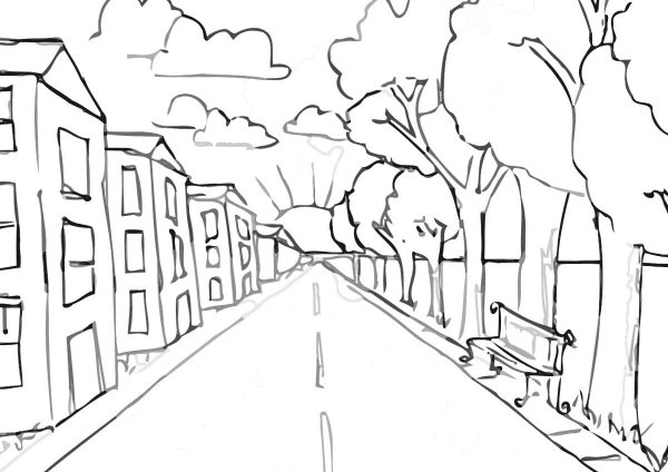 Зимний пейзаж рисунок для детей карандашом