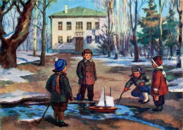 Дети пускают кораблики весной