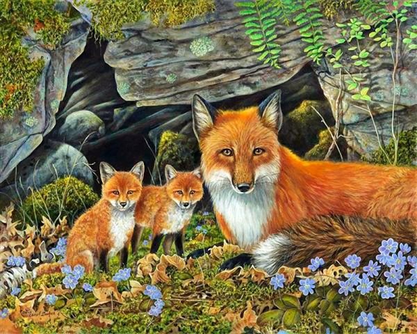 Картина лиса с лисятами Автор п с Меньшикова