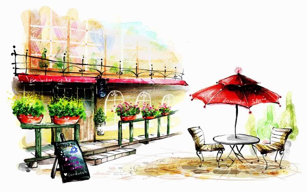 Уличное кафе акварель