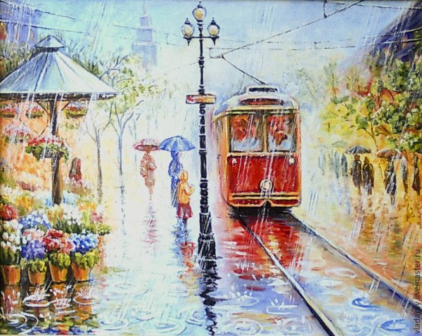 Осенний трамвай акварель