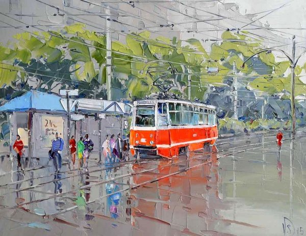 Трамвай в дождливом городе