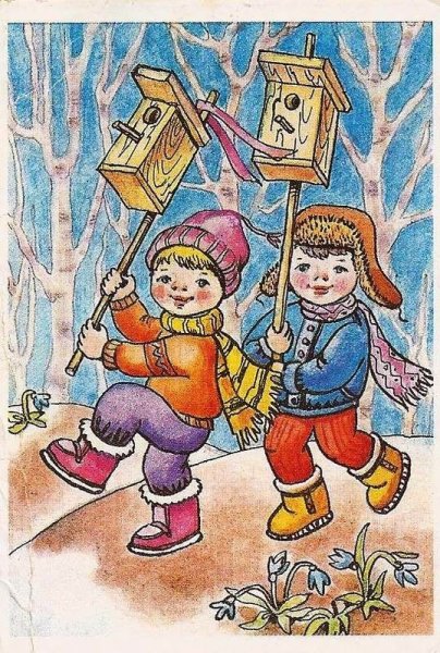 Дети вешают скворечник