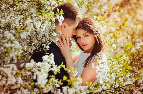 Влюбленные в цветущем саду