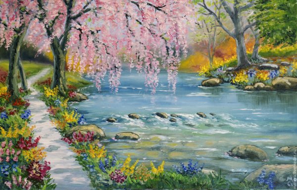 Весенний пейзаж на холсте