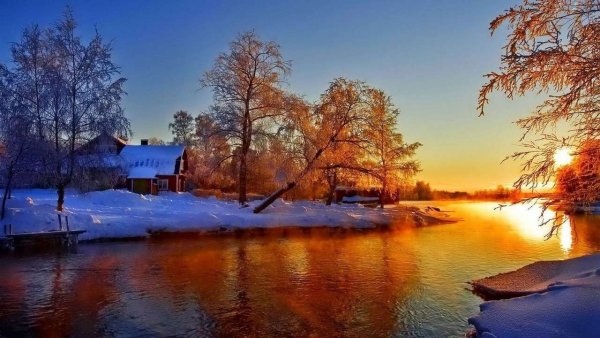 Зима река деревня закат