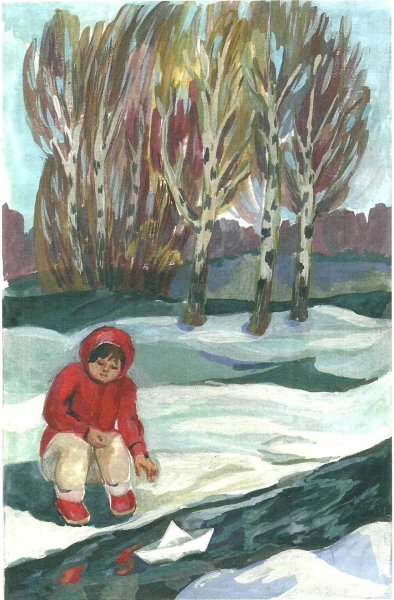 Дети пускают кораблики весной