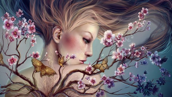 Девушка с цветами со спины