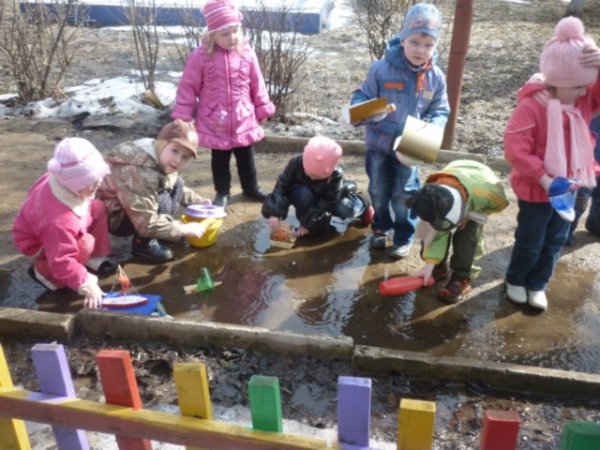 Дети прыгают по лужам