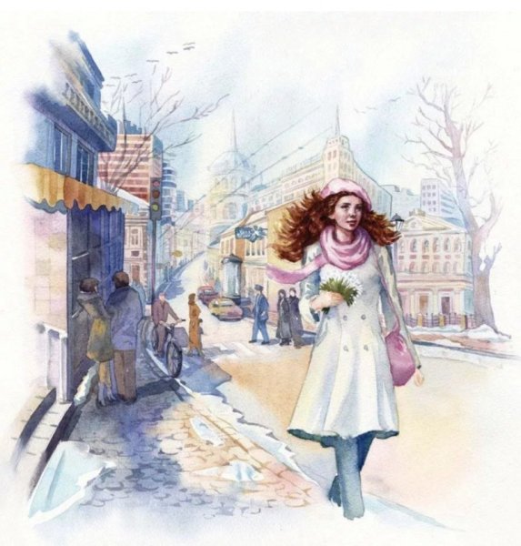 Девушка зимой акварель