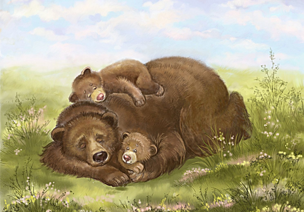 Бурый медведь с медвежатами