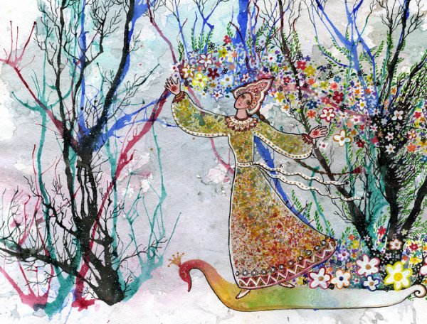 Акварель девушка с подснежниками