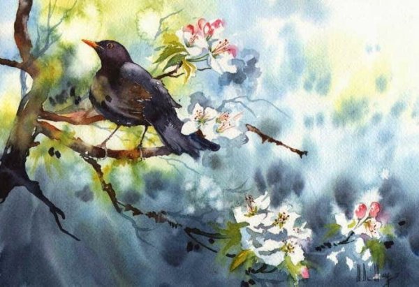 Весенние птицы живопись