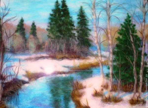 Живопись шерстью весенний пейзаж