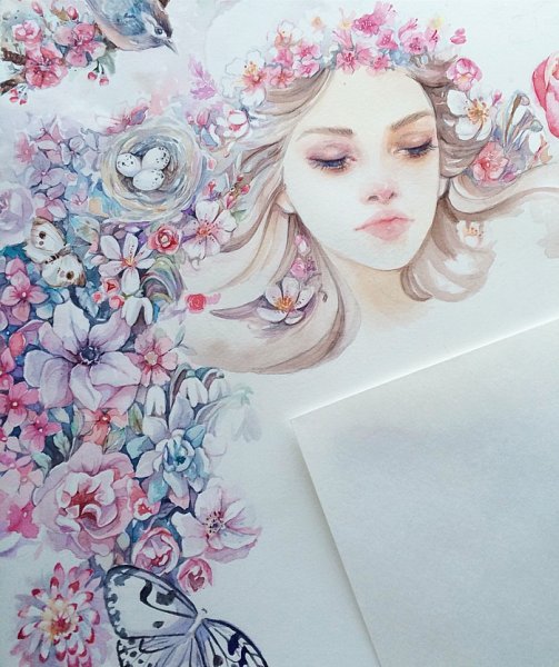 Девушка в цветах акварель