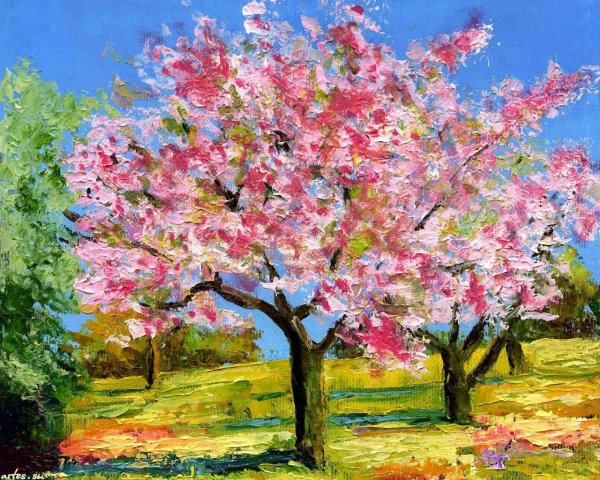 Нарисованная красками Весенняя ветка