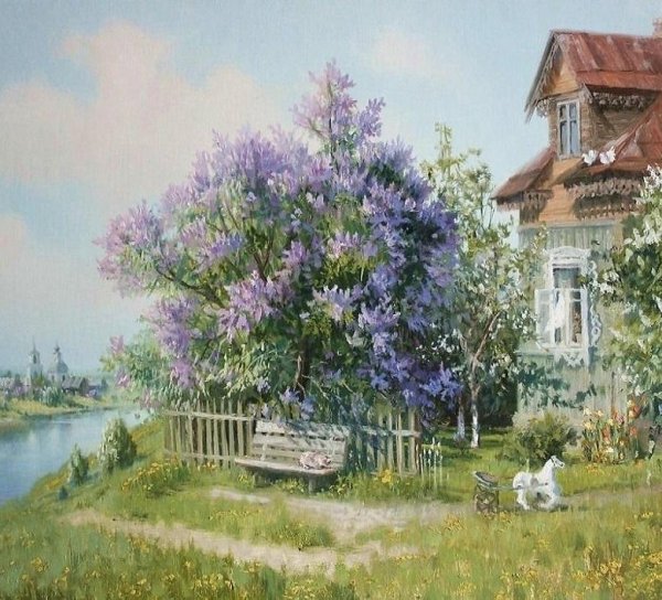 Сирень в деревне пишем маслом