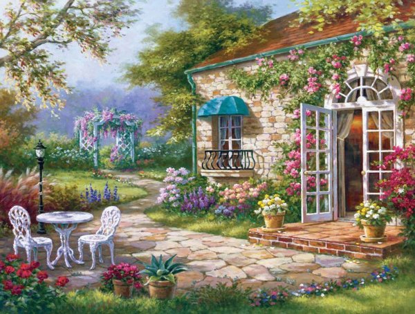 Пейзажи с цветами и домами