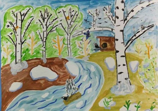 Весенний пейзаж цветными карандашами