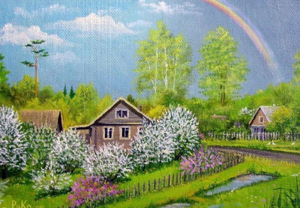 Весенний пейзаж с домиком