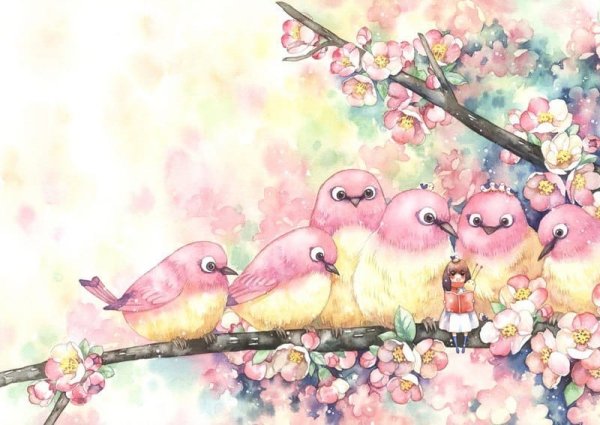 Милые птички на ветке