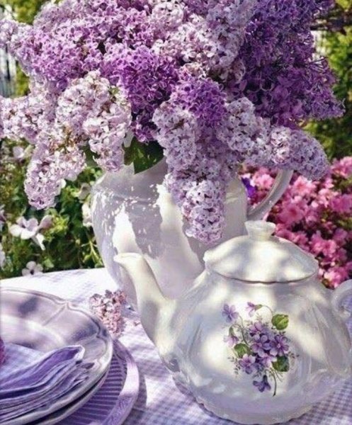 Чаепитие в саду с сиренью