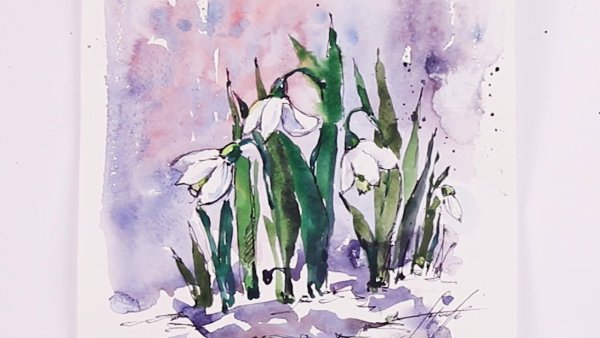 Подснежники акварелью для начинающих