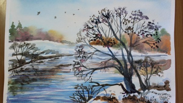 Весенний пейзаж акварелью легкий