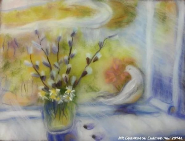 Зарянка на цветущей вишне