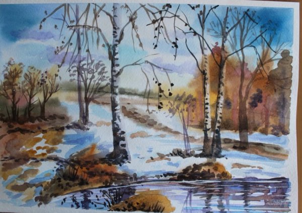 Весенний пейзаж акварелью