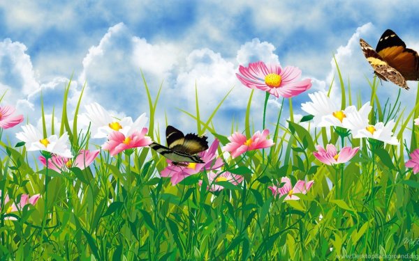 Полянка с цветами и бабочками