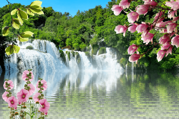 Природа водопад цветы