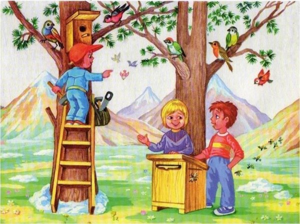 Дети вешают скворечник