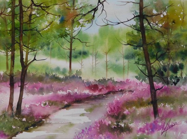 Весенний Цветущий пейзаж акварелью