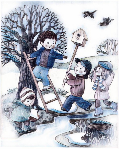 Дети развешивают скворечники