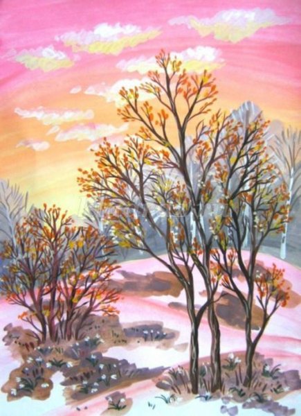 Весенний пейзаж гуашью