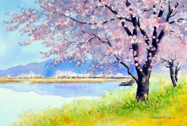 Весенние деревья акварелью