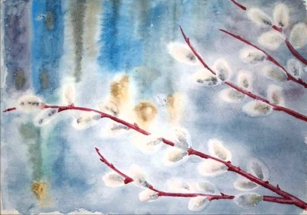 Рисование вербы акварелью