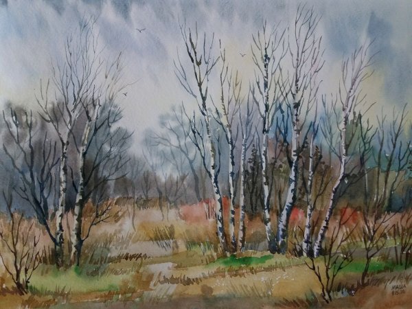 Апрель акварель пейзаж