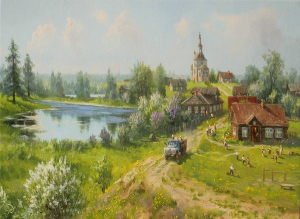 Весна у дворов деревне