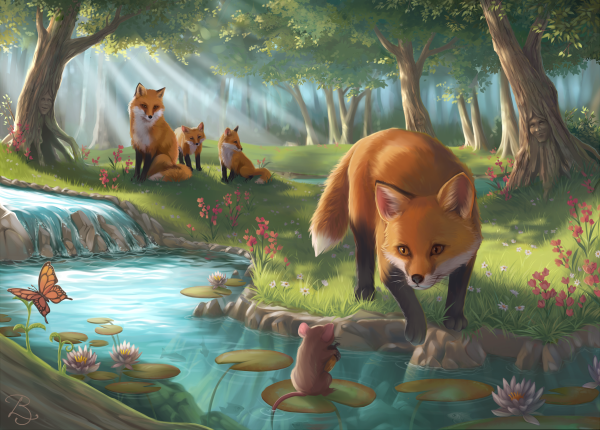 Обыкновенная лисица с лисятами