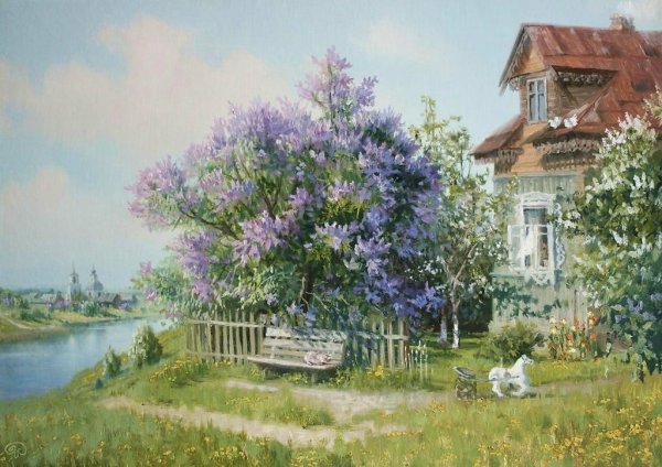 Сирень в деревне пишем маслом