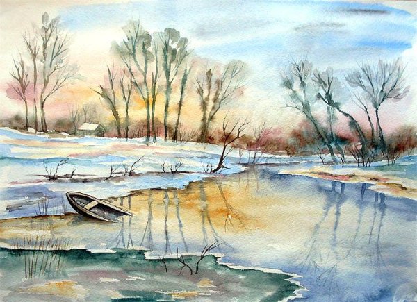 Этюд зимний пейзаж акварелью Андрей Крутов
