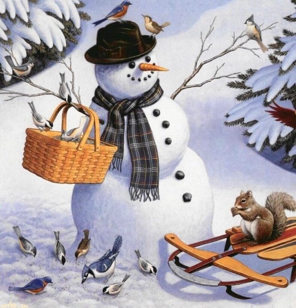 Зимний пейзаж со снеговиком