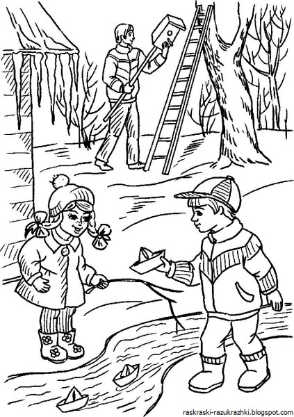 Пейзаж ранней весны раскраска