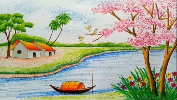 Летний пейзаж цветными карандашами