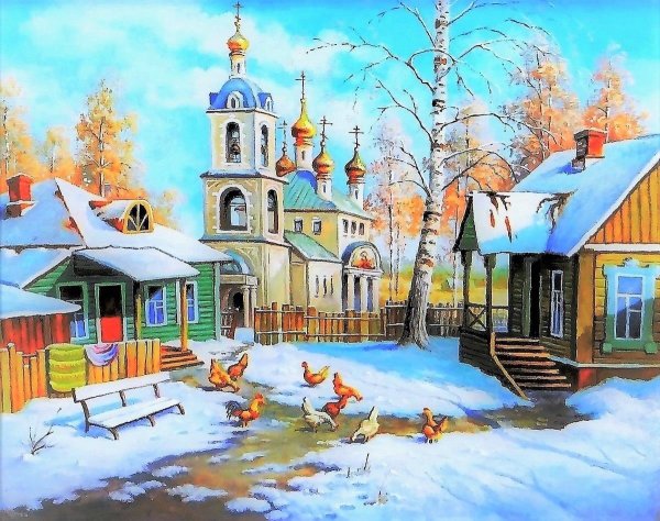 Весна в деревне с храмом