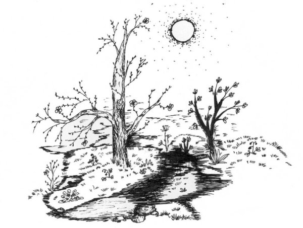 Весенний пейзаж цветными карандашами